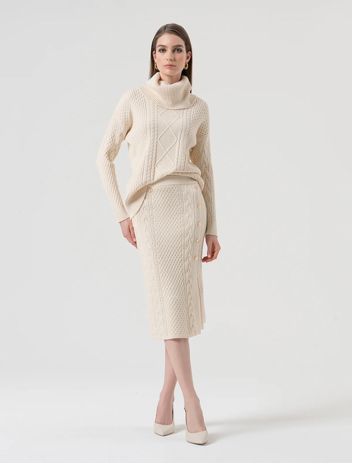 Gonna slim midi in maglia con punto treccia