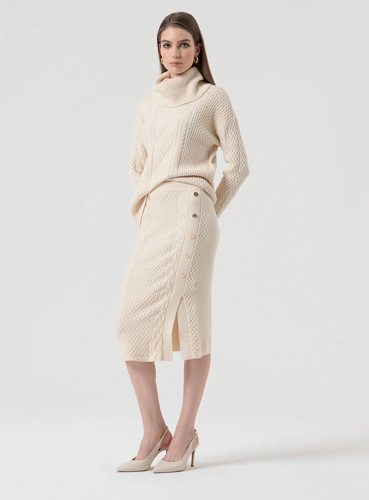 Gonna slim midi in maglia con punto treccia