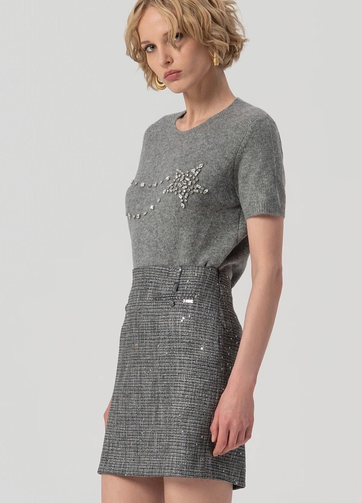 Gonna slim mini in tweed con paillettes